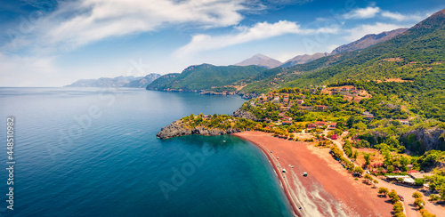 View from flying drone of Limnionas beach. Astonishing summer scene of Euboea island, Greece, Europe. Majestic morning seascape of Aegean sea. Traveling concept background..