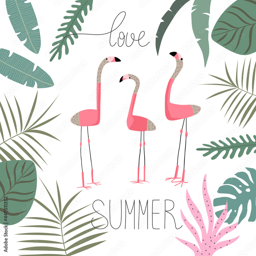 Obraz premium Summer tropical print with pink flamingos. Cute Exotic Flamingo character. Love summer