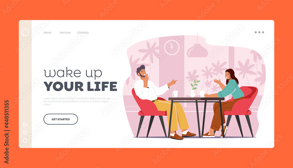 Weekend Leisure Landing Page Template. Young Happy Couple Sitting at Table Drinking Coffee, Talking and Laughing in Cafe