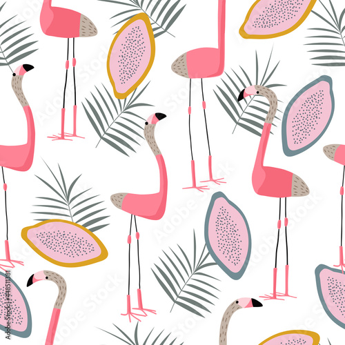Summer tropical print with pink flamingos. Cute Exotic Flamingo character. Seamless pattern.