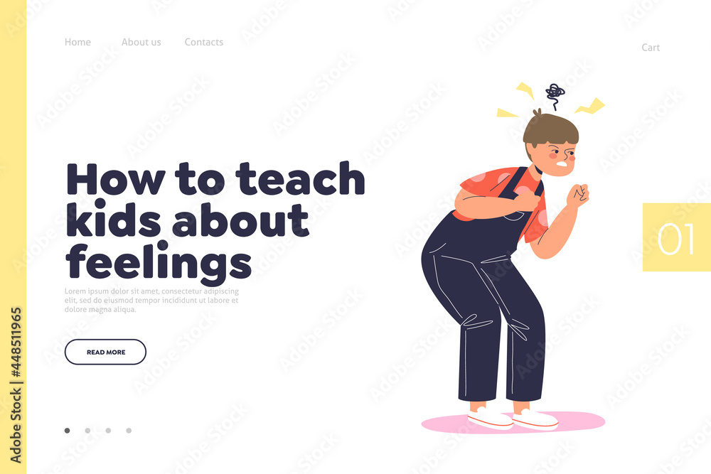 Obraz premium Teach kid about feelings concept of landing page with angry furious little boy crying and frowning