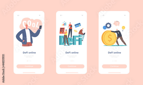 DeFi, Decentralized Finance Online Mobile App Page Onboard Screen Template. Tiny Businesspeople Characters