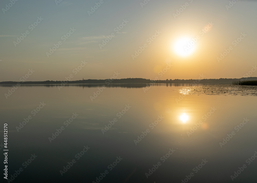 summer landscape on the lake at dawn, dusk, colors of the sky before sunrise, sunrise on the lake, Lake Burtnieki, Latvia