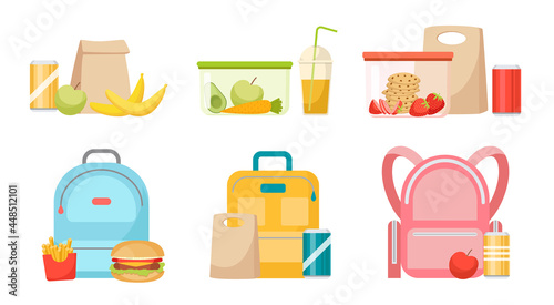 Set of School Lunch Boxes and Rucksacks, Lunchbox Collection with Fast Food, Healthy Fruits or Vegetables Boxed in Packs