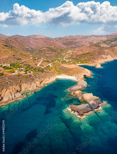 View from flying drone of Exo Kapi beach. Spectacular outdoor scene of Peloponnese peninsula, Greece. Incredible summer seascape of Mediterranean sea. Beauty of nature concept background.