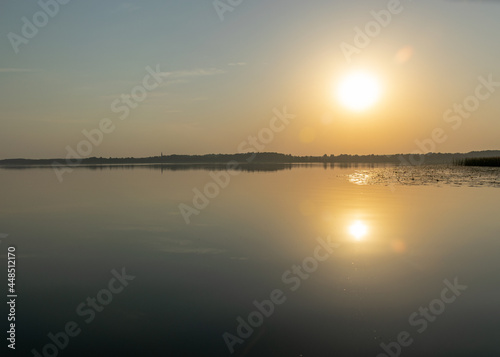 summer landscape on the lake at dawn, dusk, colors of the sky before sunrise, sunrise on the lake, Lake Burtnieki, Latvia