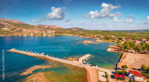Impressive summer view of Kardamyli port. Aerial morning seascape of Ionian sea. Beautiful outdoor scene of Peloponnese peninsula, Greece. Traveling concept background..