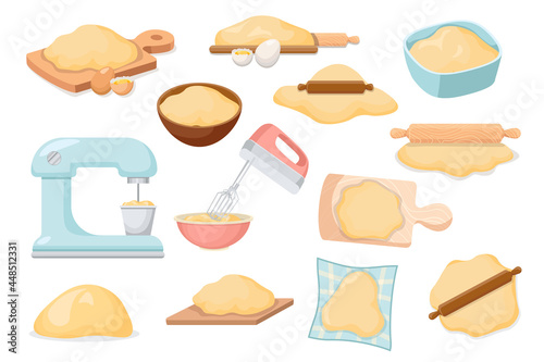 Set of Icons Dough, Bakery Ingredients, Kitchen Appliances and Tool for Cooking Bakery. Rolling Pin, Cutting Board, Eggs
