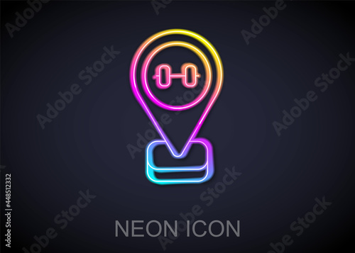 Glowing neon line Location gym icon isolated on black background. Vector