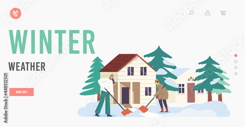 Winter Weather Landing Page Template. Happy Family Characters Working Outside Cleaning Ground from Snow with Shovels