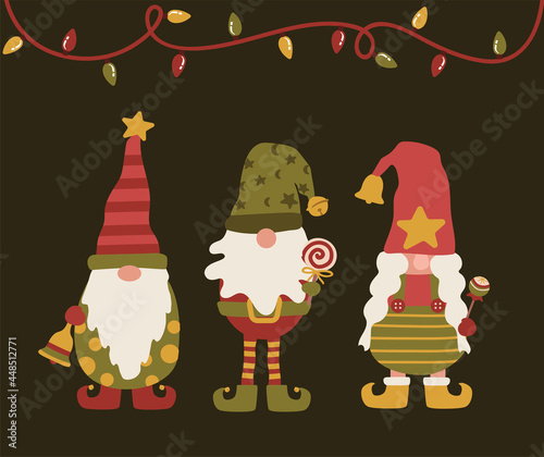 Merry Christmas holiday gnomes, elves with candy, bell and christmas lights 