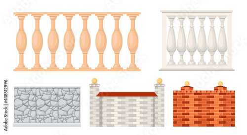 Set of Icons Stone and Marble Fences, Balustrade Sections Made of Brick. Balcony Panels, Stairway or Terrace Fencing