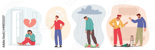 Set of Negative Emotions Depression, Broken Heart, Anger and Family Quarrel. Bad Feelings, Sorrow or Mental Disorder
