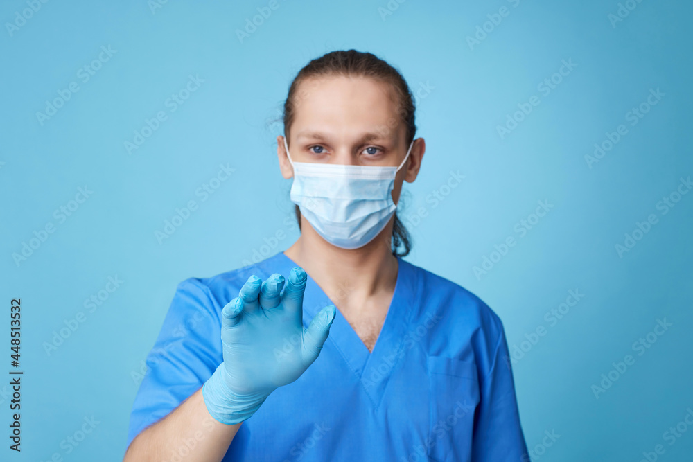 man doctor in uniform touching virtual screen man doctor in uniform touching virtual screen
