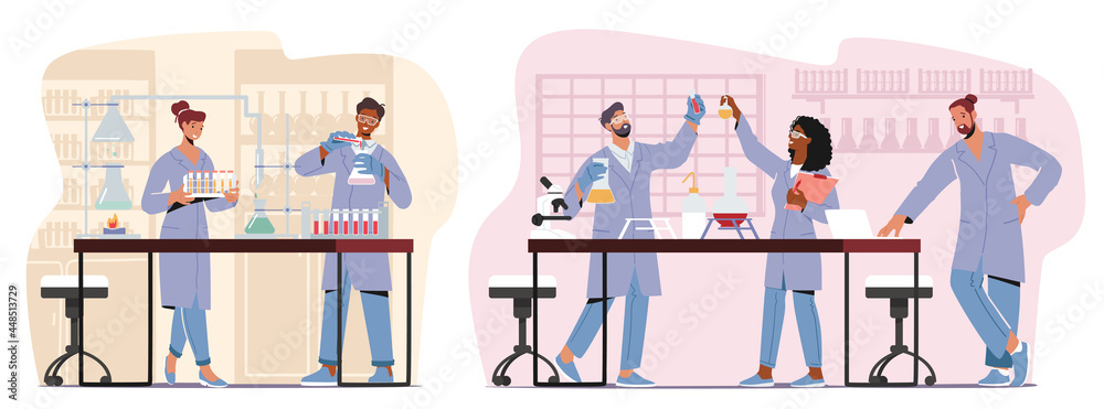 Chemistry Science Research and Development. Scientists Characters in Chemical Laboratory with Equipment and Flasks
