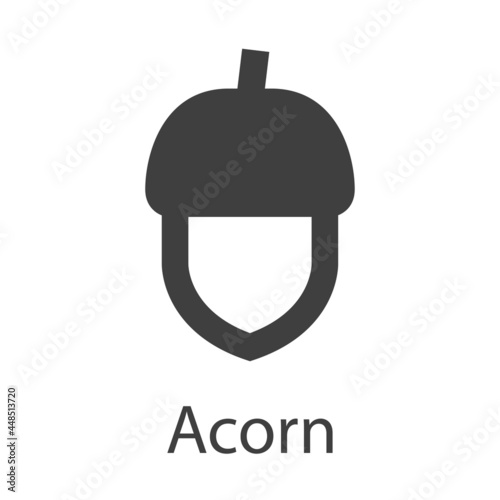 Icono plano texto Acorn con silueta de bellota de roble en color gris