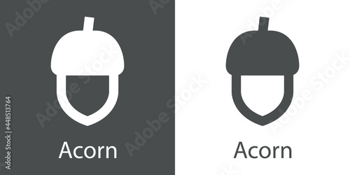 Icono plano texto Acorn con silueta de bellota de roble en fondo gris y fondo blanco