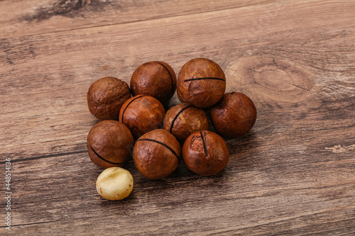 Brown macadamia nut heap over background