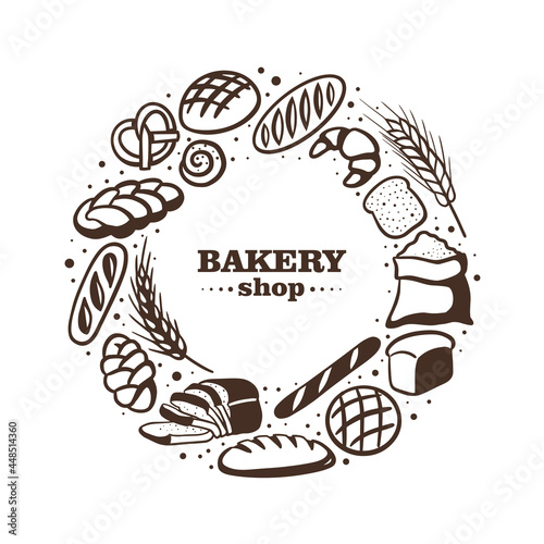 Bakery shop illustration with different bread and roll. Vector hand-drawn illustration, isolated on white background, logo or banner template