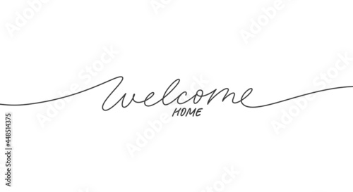 Welcome home black line lettering. Hand drawn modern vector calligraphy isolated on white. Black simple inscription with swashes, wavy lettering text. Design for holiday greeting card, housewarming.