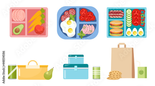 Set of Lunch Boxes, Lunchbox Collection with Dinner, Fast Food, Healthy Fruits or Vegetables Boxed in Containers or Bags