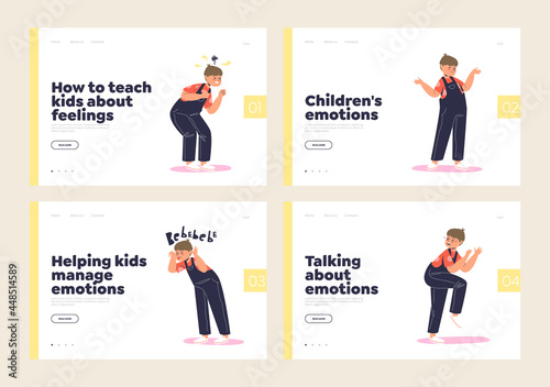 Set of landing pages with kids and emotions: happy, abused, angry, confused, naughty, frightened
