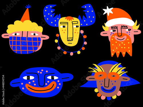 a set of funny Christmas characters - a deer, santa clais, a girl in a carnival costume, a child in a medical mask, a smiling guy. Bizarre quirky cheerful faces.Psychedelic funny party 80s
