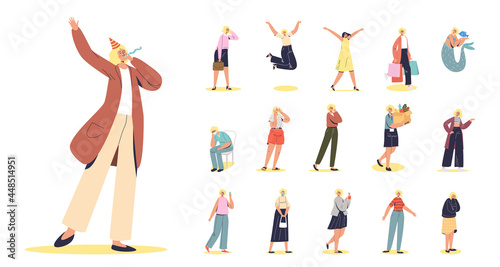 Set of happy blonde young woman, student and businesswoman different lifestyle situations and poses