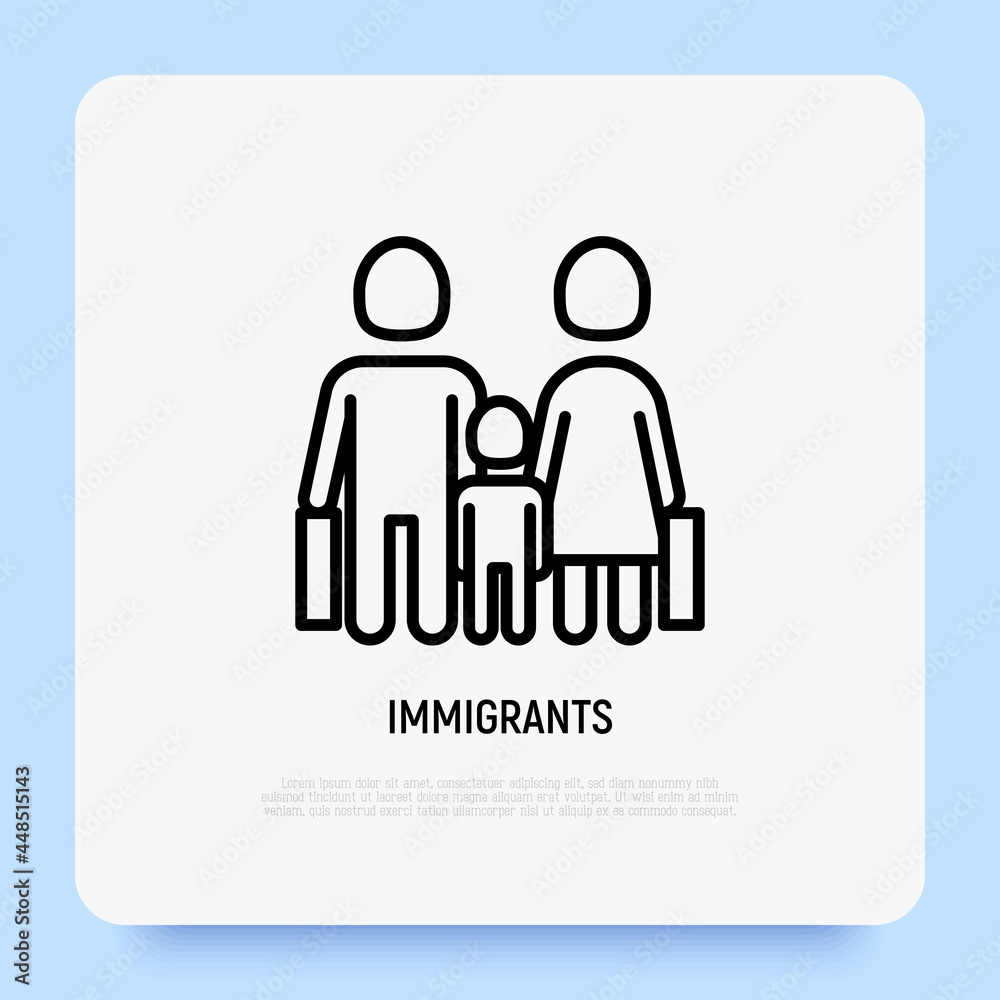 Migrants thin line icon, family with child and suitcases. Modern vector illustration. Migrants thin line icon, family with child and suitcases. Modern vector illustration.