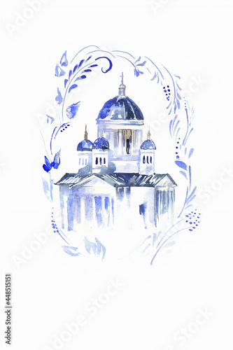 Watercolor illustration of St. Petersburg Trinity-Izmailovsky Cathedral in blue