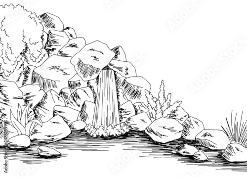 Source spring waterfall graphic black white river landscape sketch illustration vector 