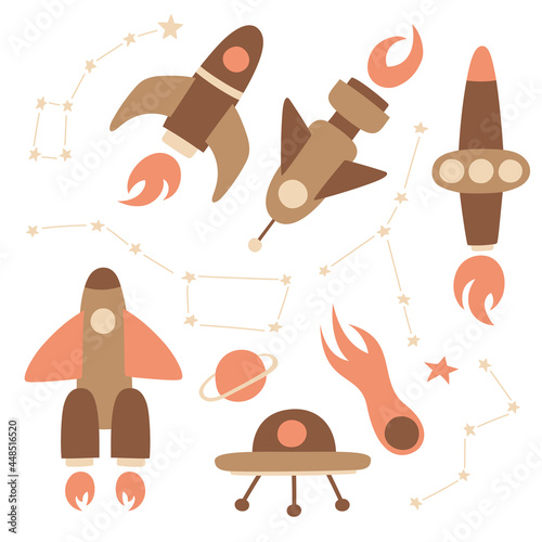 Colorful hand drawn doodles cartoon set of rockets and Space objects. Constellations Cassiopeia, Ursa Major, Cancer, Ursa Minor.