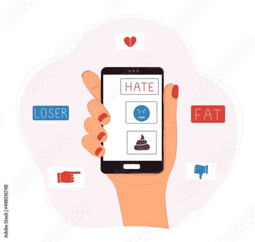 Cyber bully concept. Messages on the phone with insults and threats. Vector illustration