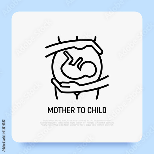 Pregnant woman with embryo in belly. Maternity. Thin line icon. Modern vector illustration.