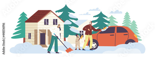 Happy Family Characters Clean Home Yard Steps and Car from Snow. Man and Girls Remove Snowdrift with Shovels or Brushes