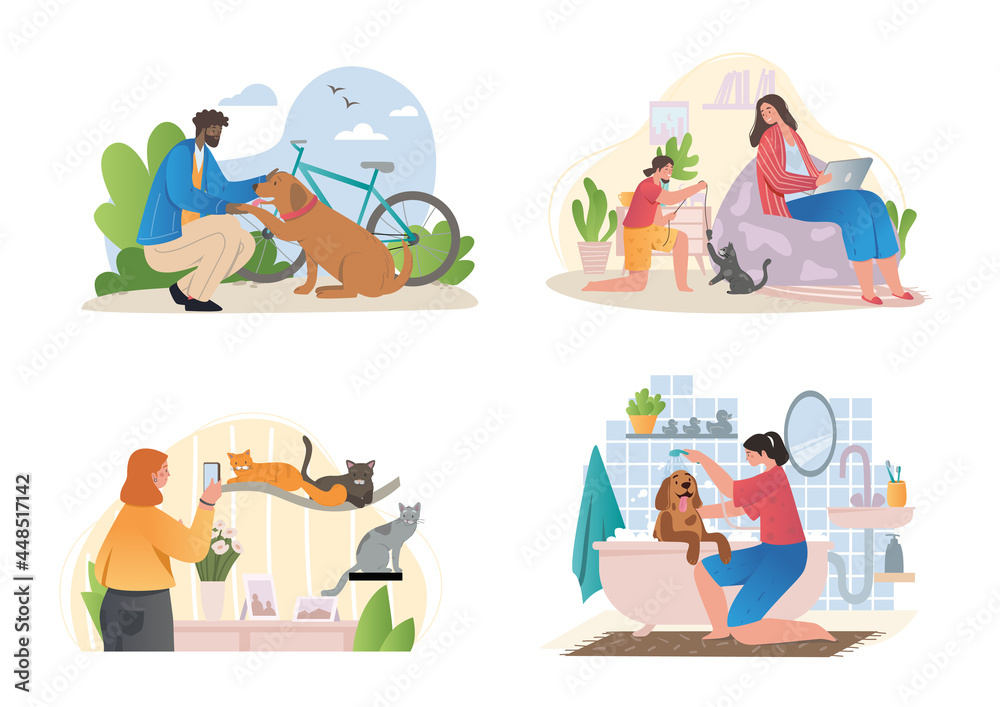 Scenes of owners with their different pets including a dog in a park, dog being bathed, kitten playing with string and favorite cats, set of flat cartoon colored vector illustrations isolated on white