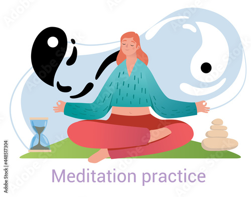 Meditation Practice concept with serene young woman meditating with hourglass and stacked stones, colored vector illustration with text on isolated on white background conceptual of healthy lifestyle