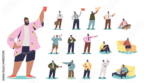 Set of bearder cartoon man in vacation hold plastic cup in different lifestyle situations and poses