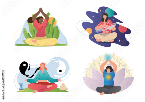 Set of four different scenes of serene woman seated in lotus pose meditating with spiritual auras and icons or outdoors in nature, vector illustration isolated on white in a healthy lifestyle concept
