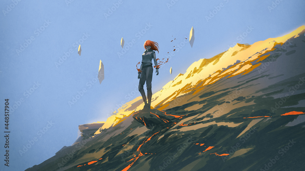 Fototapeta premium The mysterious woman standing at the rock of the hillside, digital art style, illustration painting