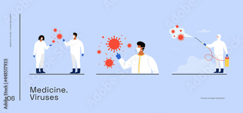 Set of vector illustrations on the topic of medicine, virology. Doctors in a sanitary mask with viruses. Man in chemical protection suit disinfects space from bacteria, viruses.