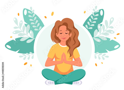 Woman meditating in lotus pose. Healthy lifestyle, yoga, wellbeing, relax. Vector illustration