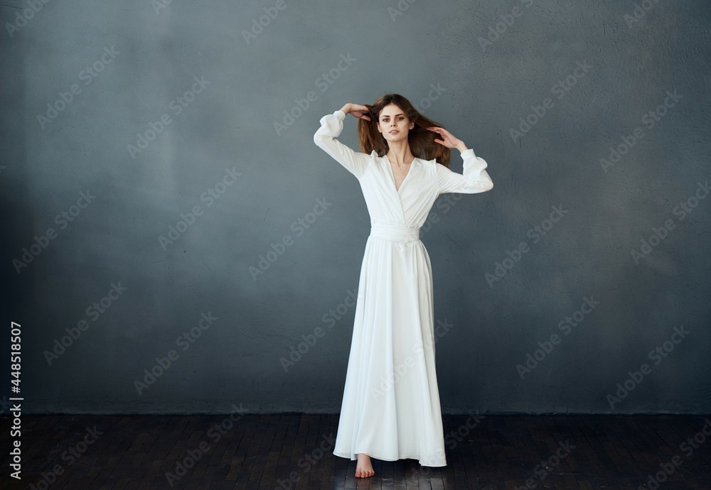 cheerful pretty woman in white dress elegant style dance performance cheerful pretty woman in white dress elegant style dance performance