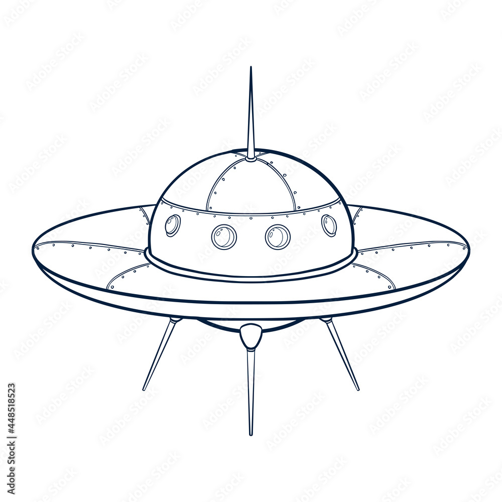 Spaceship Illustration. Line Art cartoon spacecraft icon. UFO sketch template for logo, emblem, Web design, Print, Sticker, Card Spaceship Illustration. Line Art cartoon spacecraft icon. UFO sketch template for logo, emblem, Web design, Print, Sticker, Card