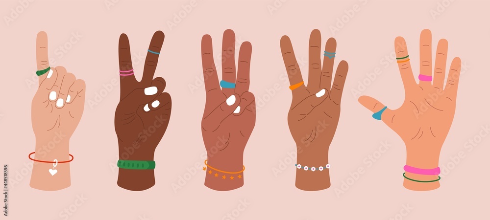 Fingers showing numbers. Woman hands with accessories count on the fingers, hand drawn flat design. Vector illustration Fingers showing numbers. Woman hands with accessories count on the fingers, hand drawn flat design. Vector illustration