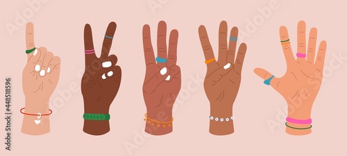 Fingers showing numbers. Woman hands with accessories count on the fingers, hand drawn flat design. Vector illustration