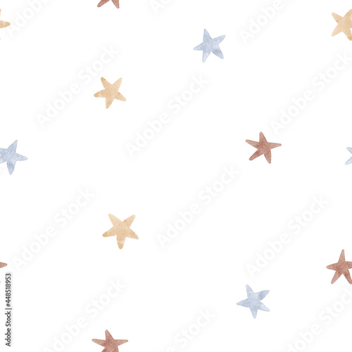 Beautiful winter seamless pattern with hand drawn watercolor cute stars. Stock illustration.