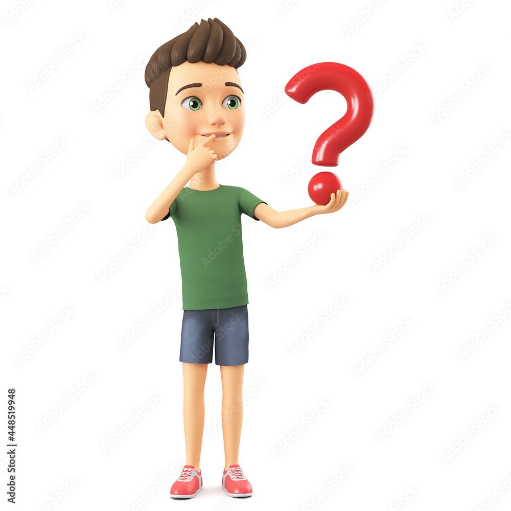 Cheerful cartoon character boy in a green T-shirt holding a question mark on a white background. 3d render illustration. Cheerful cartoon character boy in a green T-shirt holding a question mark on a white background. 3d render illustration.