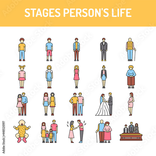 Stages person's life line icons set. Isolated vector element.