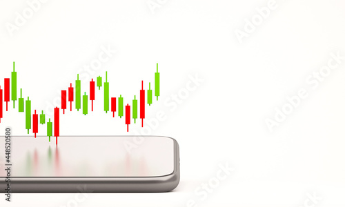 Candle stick graph chart of online stock market trading with mobile phone ,3d render illustration background